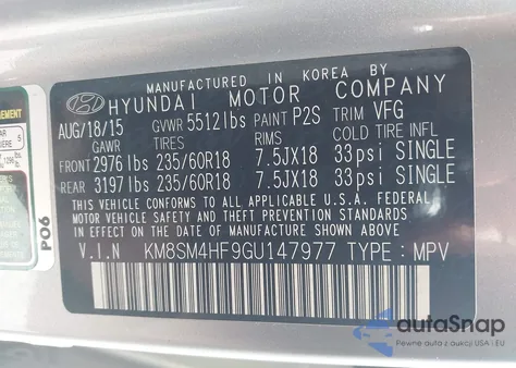 2016 Hyundai Santa Fe Se из США, поврежденный, VIN KM8SM4HF9GU147977